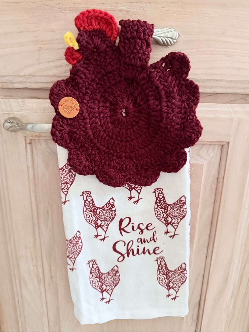 Handmade Crochet Rooster Hanging Kitchen Towel Rise & Shine Burgundy Farmhouse